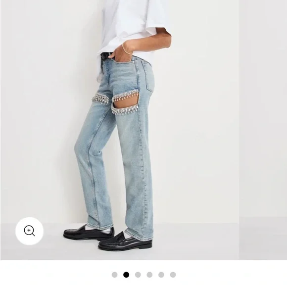 Good American Light Blue Straight Leg Jeans with Crystal Fringe Cutouts - Picture 5 of 7